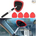 Windshield Cleaner Tool - Portable Car Interior Window Cleaning Kit with Extendable Handle, 4 Microfiber Towel Pads, Auto Glass Wiper for Windshield, Universal for RV, SUV, Truck (Red)