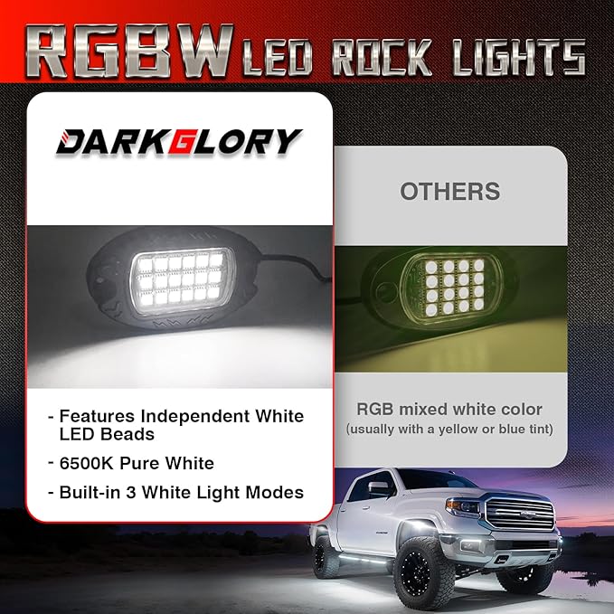 4 Pods Alloy RGBW Rock Lights，LED Upgraded RGB Underglow Lights for ATV UTV Golf Cart Truck RZR SXS Offroad Jeeps, IP68 Waterproof Metal Multicolor Underglow Kit with APP/RF Remote Music Mode,12V