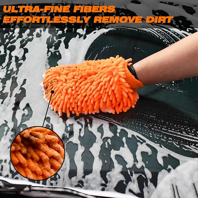 Raeyuan 3-Pack Car Wash Mitt, Premium Chenille Microfiber Wash Glove for Auto Detailing, Scratch Free & Lint Free Cleaning Kit with Elastic Cuff, Color Coded System (Blue, Orange, Green)
