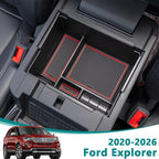 TOPINSTALL 2020-2026 Ford Explorer Console Organizer Tray - Compatible with 2020+ Ford Explorer Deep Armrest Storage Box with Coin Holder & Non-Slip Mats, Red Interior 6th Gen Explorer Accessories