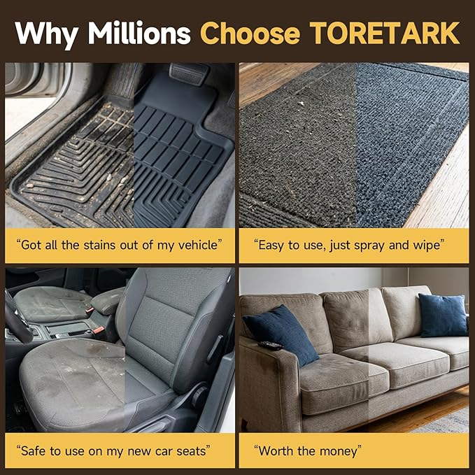 toretark Instant & Powerful Carpet Cleaner Spray, Stain Remover for Seats, Fabric & Floor Mats, Upholstery Cleaner Removes Tough Stains, pH Balanced, Minimal Residue, 16 fl oz*2