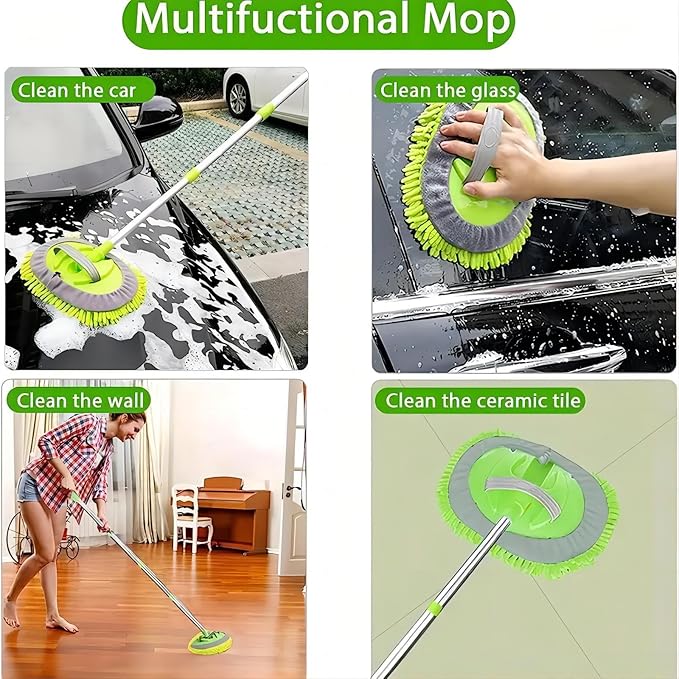 WillingHeart 63" Car Wash Mop Brush Tool Mitt with Long Handle Length More Suitable for Washing Cars Truck, SUV, RV, Trailer, 2 in 1 Chenille Microfiber Duster Not Hurt Paint Scratch Free, Green