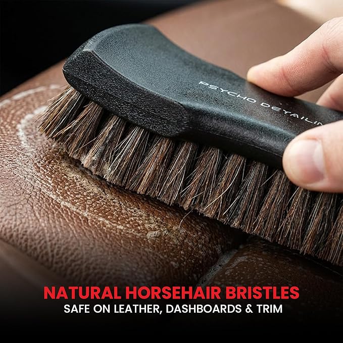 Car Cleaning Brush Set – 4-Piece Detailing Kit for Leather, Wheels & Crevices | Horsehair Interior Brush, Tire Scrub, Crevice Cleaner & Bendable Wheel Barrel Brush – Chemical-Resistant Build