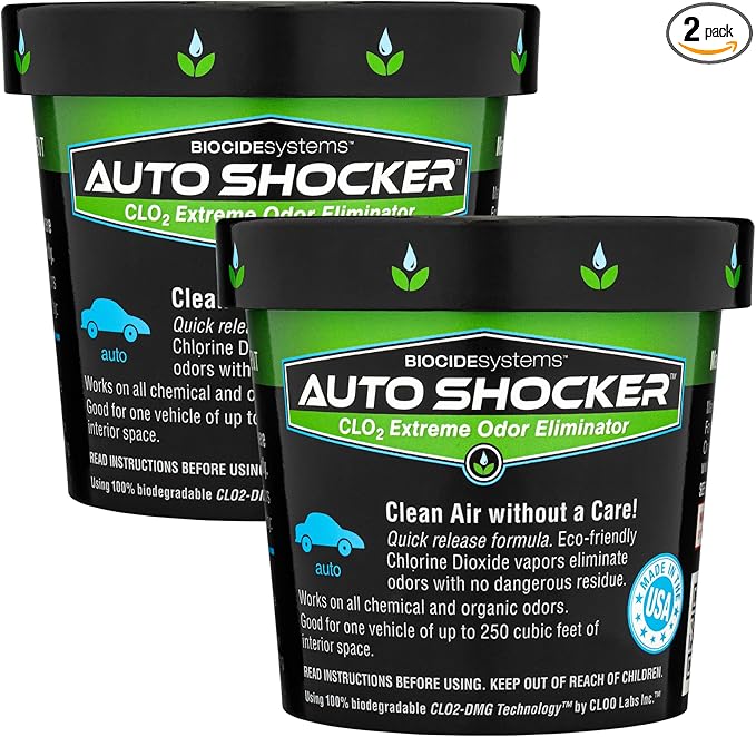 Biocide Systems Auto Shocker Strong Car Odor Eliminator, Eco-Friendly ClO2 Odor Remover for Tough Odors in Vehicle Interiors, Up to 250 Cubic Feet (2-Pack)