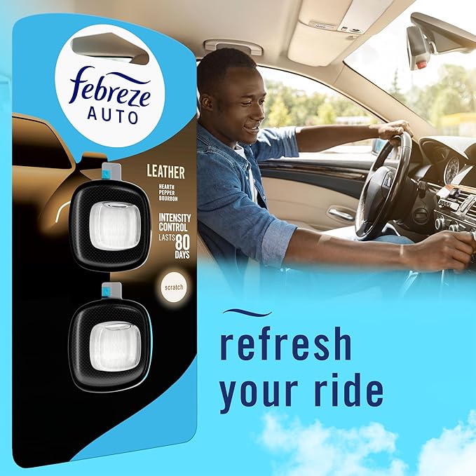 Febreze AUTO Air Freshener, Odor-Fighting Automotive Vent Clip, Scented Car Accessories, Long Lasting for Strong Odors, Leather, 2 Count