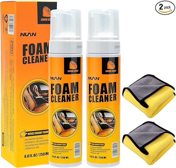 NUAN 2PCS Foam Cleaner for Car, Lemon Scent Car Interior Cleaner, Safe and Quick Remover Stains Multi-Purpose Foam Spray for Car Steering Wheel, Car Seat, Leather and House, 8.4 FL OZ, 250 ML