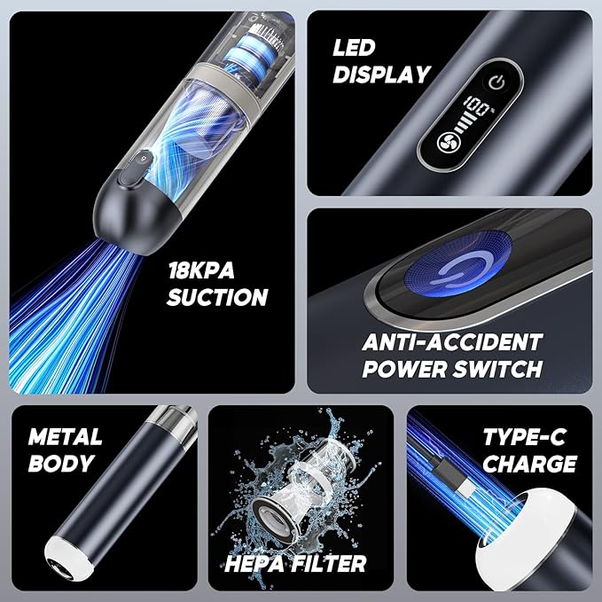 Car Vacuum Cleaner, Portable Cordless Handheld Vacuum with 18,000PA Suction, 3 Power Modes, Metal Body & LCD Display & LED Light, Mini Vacuum for Car, Home, Office, and Pet Cleaning