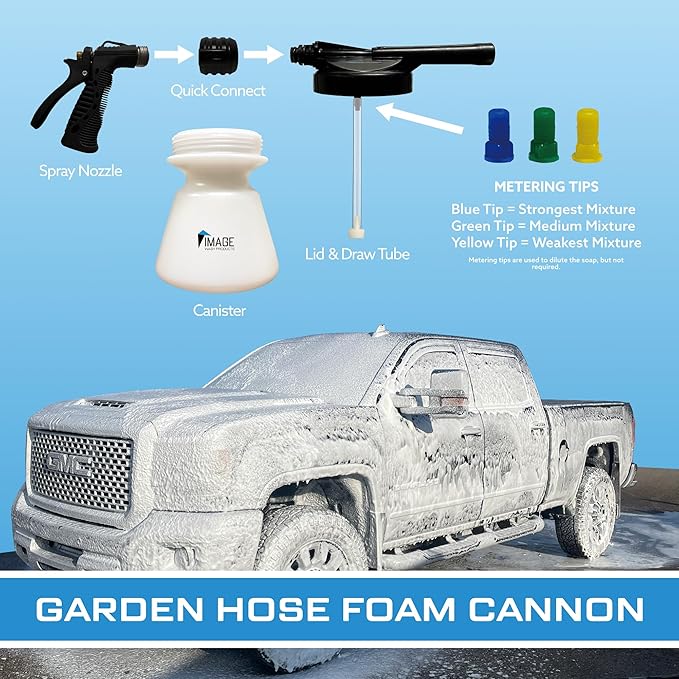 Image Wash Products - Foam Cannon for Garden Hose - Connects to Any Garden Hose - Ultimate Car Wash Foamer to Help Wash Your Car or Truck - (Comes with 3 Separate Dilution Tips) - Truck/Car/RV/Boat