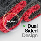 Crystal Clean 1300GSM Microfiber Towels for Cars – XL Drying Towel with Double Twisted Loop, Professional Detailing Towel Car Detailers - Quick Dry, Paint Safe & Swirl-Free (Grey+Red)