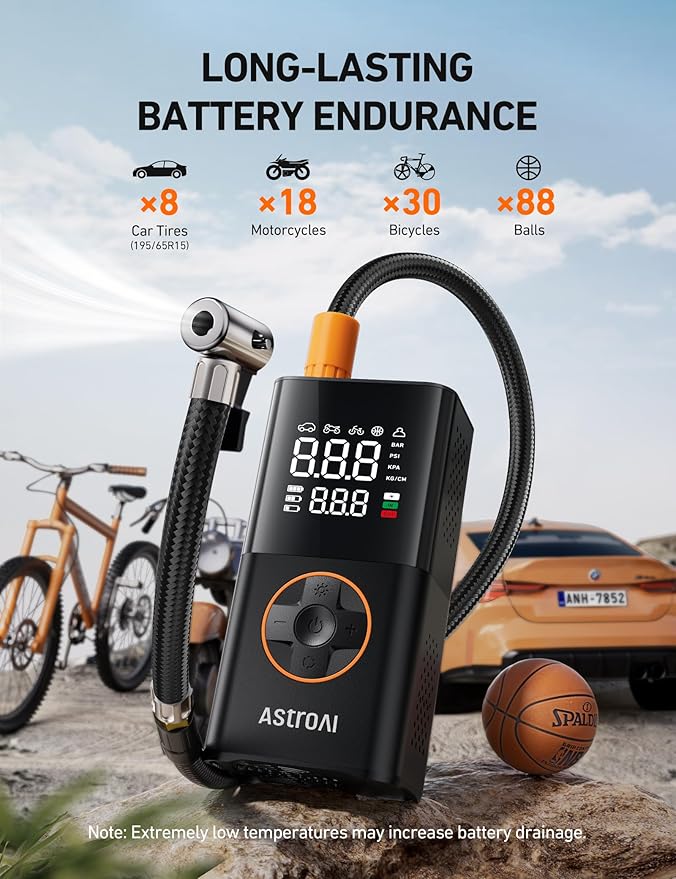 AstroAI L7 Tire Inflator Portable Air Compressor Cordless-2pack Bike Pump with Digital Dual Values Display, 150 PSI Car Tires Pump with LED Lights Air Pump for Cars, Motorcycles, Bikes, Balls Orange