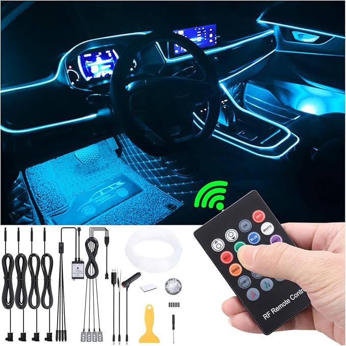 Car Atmosphere Light Kit 8m Fiber Optic RGB Multicolor Sound Active Music Sync Memory Function RF Remote Controller USB Car Interior Ambient Lighting Kit DC 12V