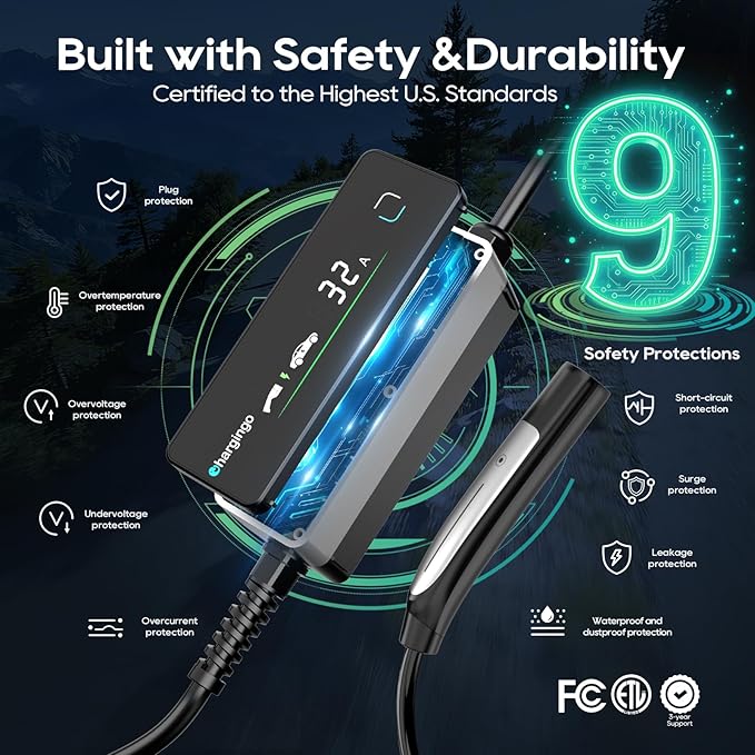 Level 2 EV Portable Charger for Tesla, 32A 240V ETL Certificated,NEMA 14-50,NACS Connector, 25FT Cable, Adjustable 16A-32A, LCD Display, Plug-and-Play Fast Charging Station for Home/Outdoor