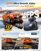 WOLFBOX X3 2.5K 1440P 60FPS Dash Camera, STARVIS 2 IMX675 with ADAS, 1440P+1080P Dual Dashcam Front and Rear Camera 5MP with Built-in 5.8GHz WiFi & GPS, 64GB Card, Touch Screen, G-Sensor, Loop Record