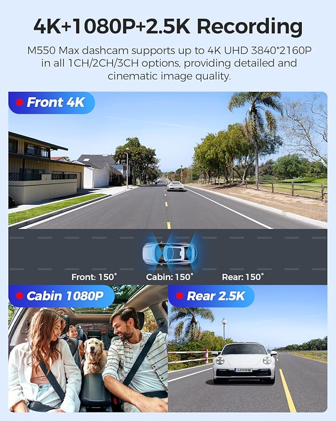 AZDOME M550 Max 4K 3 Channel Dash Cam, Dual STARVIS Sensors, 4K+2.5K+1080P Front and Rear Inside Triple Car Camera, Built-in WiFi GPS, 64GB Card Included, IR Night Vision, Ride Share Accessories