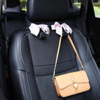 Car Purse Hook, Cute Bow Hooks for Headrest - Leather U-Shaped Purse Holder for Car, Flexible Seat Back Organizer & Durable Vehicle Accessories for Bags, Coats & More (Black&Pink-2 Pack)