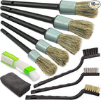 TAKAVU Complete Car Detailing Brush Kit (10 Piece) - Boar Hair Detail, Wire & Vent Brushes with Microfiber Towel for Wheels, Interior, Engine Bay Cleaning