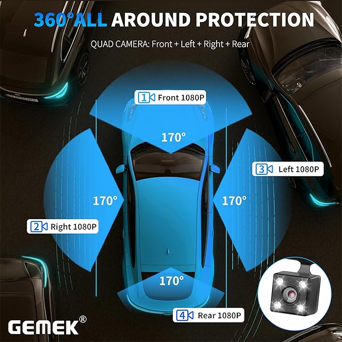 360 Degree View 4 Channel Dash Cam Front and Rear Inside Left Right, GEMEK Dash Camera for Cars FHD 1080P Free 64GB TF Card, Multi-Ch Dash Camera for Cars,Night Vision, 24H Parking Mode