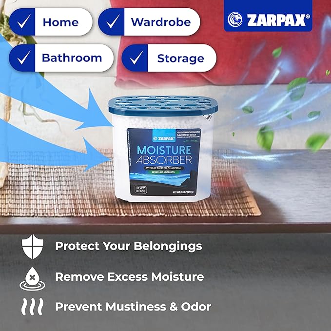 ZARPAX Moisture Absorber Activated Charcoal 18 oz/510g | Removes Moisture, Damp, Humidity & Odors | Odor Absorber | Moisture Trap for Bathroom, Closet, Kitchen & Small Spaces | Set of 6