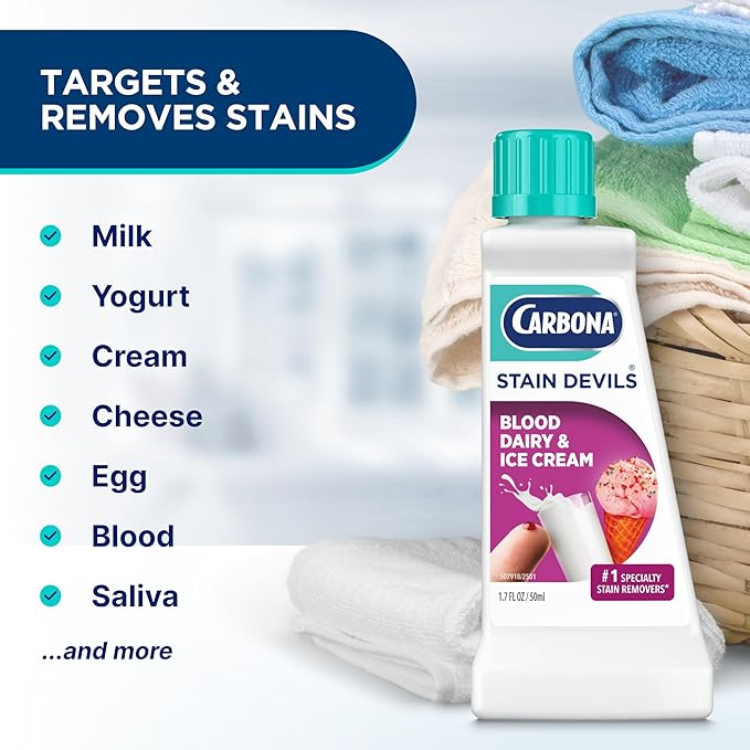 Carbona Stain Devils® #4 – Blood, Dairy & Ice Cream | Professional Strength Laundry Stain Remover | Multi-Fabric Cleaner | Safe On Skin & Washable Fabrics | 1.7 Fl Oz, 1 Pack