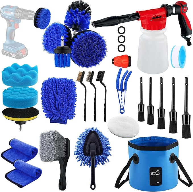 27Pcs Car Wash Cleaning Kit with Foam Gun, Car Detailing Kit, Auto Detail Supplies Tools With Wheel Drill Brush Set, Car Polishing Kit, Car Detailing Brush Set for Tires, Wheels, Interior & Exterior