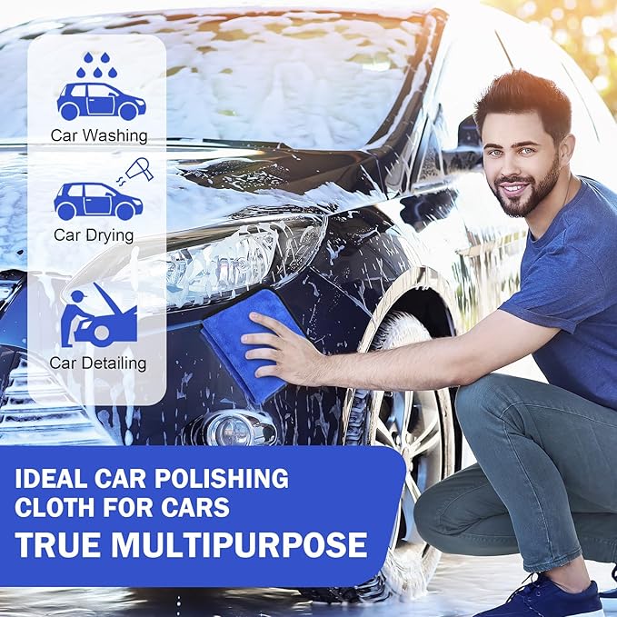 Tallew 12 Pcs Microfiber Towels for Cars, 800 GSM Plush Drying Cleaning Cloth Bulk, 16 x 16 Inch Thick Absorbent Wash Detailing Towels for Car Polishing, House, Kitchen Cleaning(Gray and Blue)