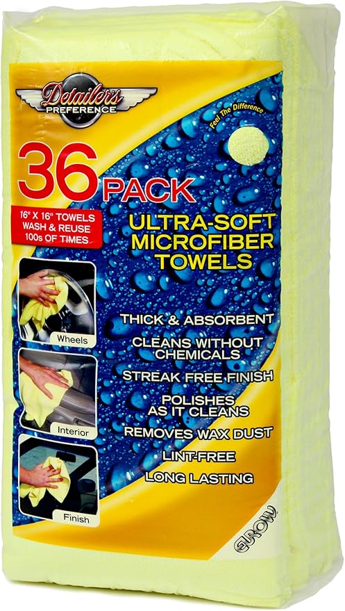 Eurow Detailer’s Preference 350 GSM Microfiber Cleaning Towels, Ultra Soft, Streak-Free, Lint-Free, Chemical-Free Detailing Cloths for Car, Home, or Commercial Use, 16x16in, 36-Pack, Yellow