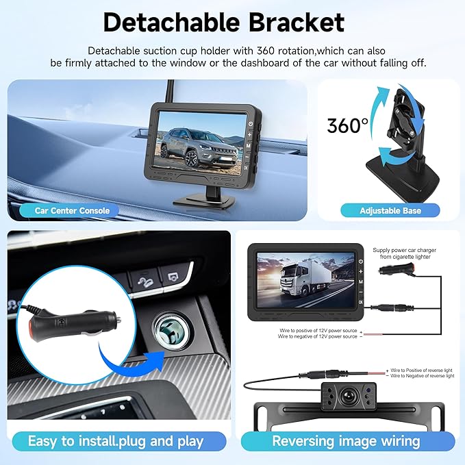 Rimoody 4.3'' HD IPS Screen Wireless Backup Camera, Digital Stable Signal, DIY Guide Lines, IP68 Waterproof, Night Vision, Wide Angle, Rear View Camera for Car/Truck/Pickup/SUV/Van/RV - Plug and Play