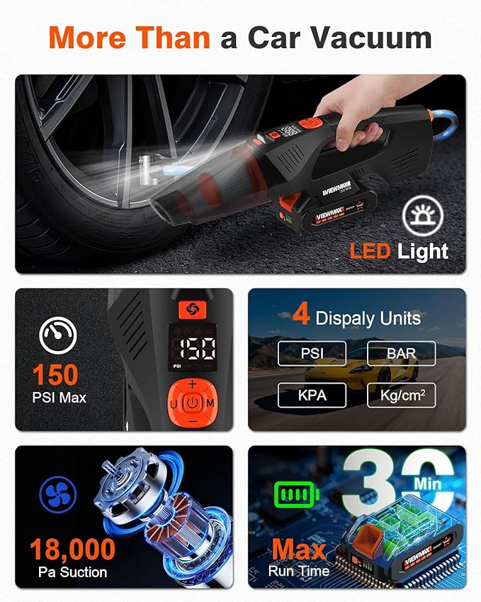 2-in-1 Cordless Car Vacuum and Tire Inflator - 20V Handheld Vacuum Cleaner & 150 PSI Air Pump, 18000Pa Powerful Suction, Portable Vac Air Compressor for Tires Pump and Car Cleaning