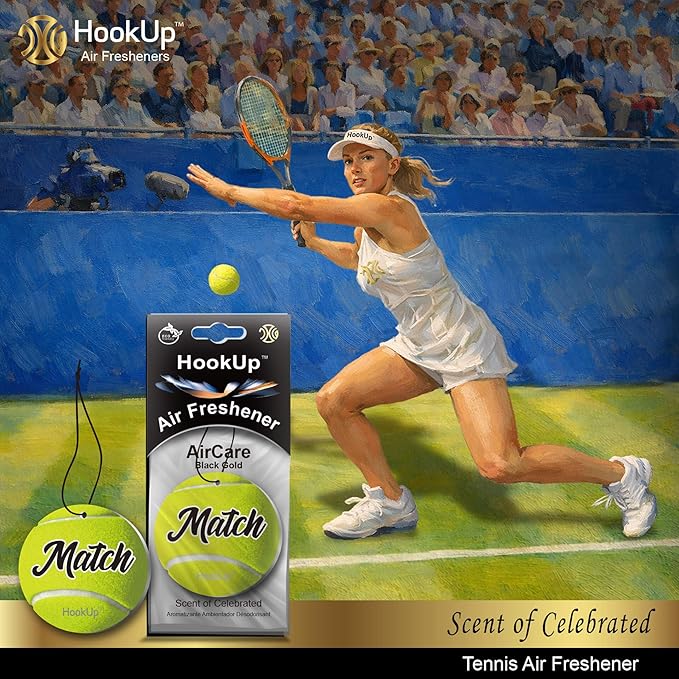 Tennis Car Air Freshener by HookUp - 4 Pack - Black Gold Scent (Extra Strong) | Unique Tennis Gift for Players, Coach, Fans | Hanging Car Accessory with Long Lasting Fresheners Smell