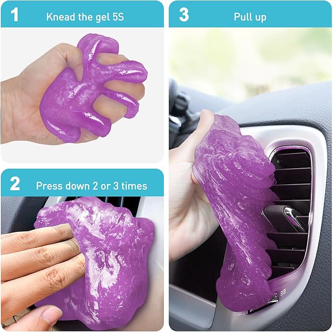 FiveJoy Car Cleaning Gel Kit - Universal Car Detailing Putty for Car Interior - Reusable Clean Goop Cleaner Supplies Auto Slime for Home, Office, Keyboard, Computer (Purple, 3Pack (16.8oz))
