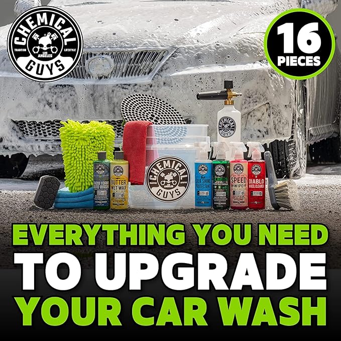 Chemical Guys HOL169 16-Piece Arsenal Builder Carwash Kit, Foam Cannon, Bucket (6) 16 oz Car Care Cleaning Chemicals (Works w/Pressure Washers) with Mr. Pink Foaming Carwash Soap, 64 oz, Candy Scent