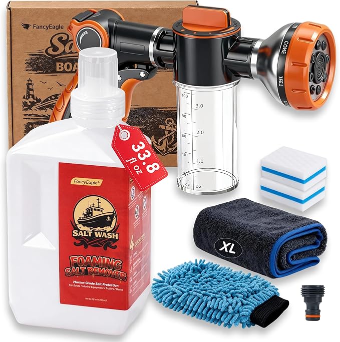 5-in-1 Salt Remover Wash Kit, pH Neutral Boat Cleaner for Boats, Cars& Boating Accessories, Marine Engines & Outboard Motor Flush, Includes Foam Sprayer, XL Towel, Wash Mitt & Scuff Erasers