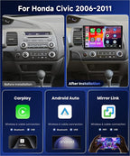 4G 64G Car Stereo for Honda Civic 2006-2011 Radio with 10.1inch 1280x720 IPS Touch Screen AI Radio DSP 36EQ Wireless Carplay Android Auto Bluetooth 5.0 GPS FM/RDS WiFi MirrorLink AHD Backup Camera
