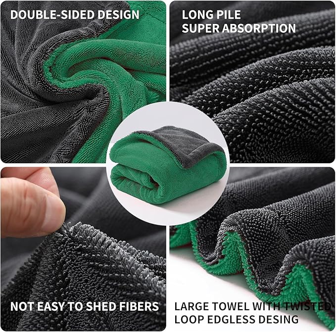 Extra Large Car Drying Towel, 36 Inches, 1300gsm,Super Absorbent Polyamide, Double-Twisted Design (Green and Grey)