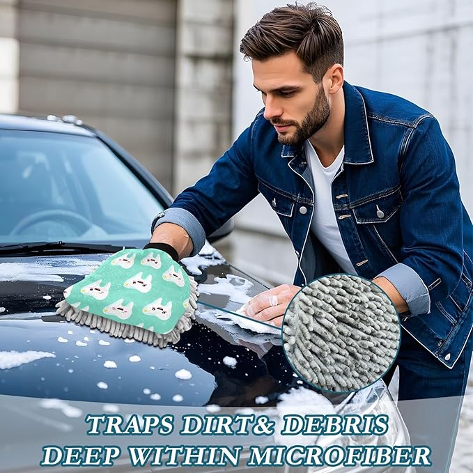 Kigai Cute Cartoon Teeth Car Wash Mitt 2PCS Ultra Absorbent Chenille Microfiber Car Washing Glove Scratch Free Lint Free Wash Sponge Auto Cleaning Glove, 11.8x8.1 inch