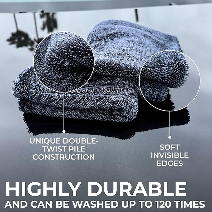2X Medium Car Drying Towel, 1300 GSM Professional Car Towel with Double Twisted Loop,Super Absorbent Large Microfiber Drying Towels for Cars, Trucks, SUVs - 16"x16" 2-Pack, Gray