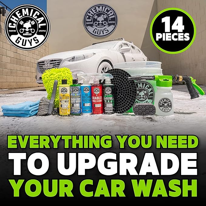 Chemical Guys CWS20716CW 14-Piece Arsenal Builder Car Wash Kit W/Foam Gun, Bucket and (5) 16 oz Car Care Cleaning Chemicals (Works w/Garden Hose) + Extreme Bodywash & Wax Foaming Car Wash Soap, 16 oz