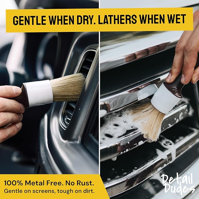 Detail Dudes Car Detailing Brush Set 3-pc - Scratch-Free Boars Hair for Interior and Exterior Work - Pro Quality Car Cleaning Brush Kit for Leather Seats, Dashboards, Wheels, Grills and Paint