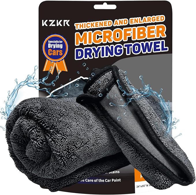 KZKR 2 Pack Car Drying Towel, Dual Sided Microfiber Cleaning Towels (24x35+16x16), 1300GSM Ultra Absorbent, Streak Free, No Scratch, Machine Washable