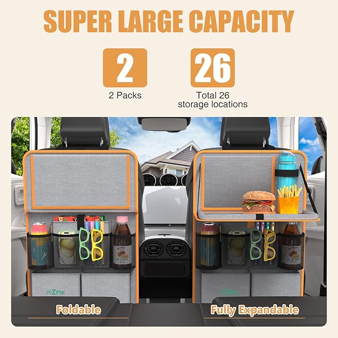 Plzpik Car Backseat Organizer with Tablet Holder,11 Storage Pockets with Foldable Food Tray, Protector Kick Mats for Kids, Travel Accessories Organizer (Orange, 2Pack with Food Tray)