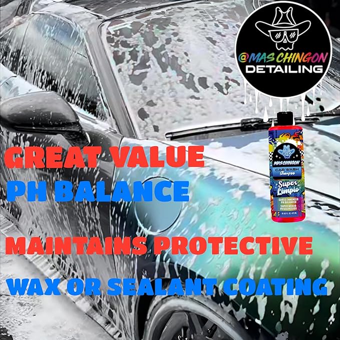 Mas Chingon Car Wash Shampoo PH Balaced Maintains Protective Wax or Sealant Coating Formulated with Advanced Gloss Enhancers for Incredible Shine Great for Cars, Trucks, SUVs, RVs, Motorcycles 16Fl-Oz