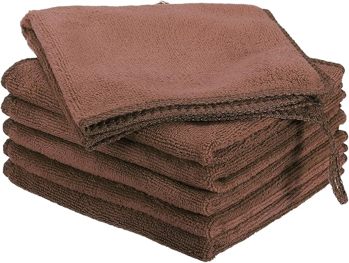 HARFINGTON 6 Pack Microfiber Cleaning Cloth, 12" x 12" Multi-Functional Cleaning Towels Reusable Absorbent Rags with Hook for Car Wash Kitchen Household Window Clean, Brown