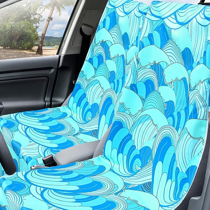 Hahafelt 2 Pack Car Seat Towel Covers with Storage Bag, 63 x 32 Inch Universal Non Slip Waterproof Sweat Protector for Car Truck, Gym Swimming Running, Machine Washable (Waves)