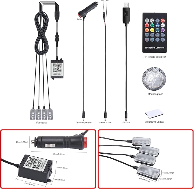Car Footwell Interior Atmosphere Lights, Multicolor RGB Car Ambient Lighting Kit, DIY Mode Sound Active Music Sync, RF Remote Control + APP Control DC 12V