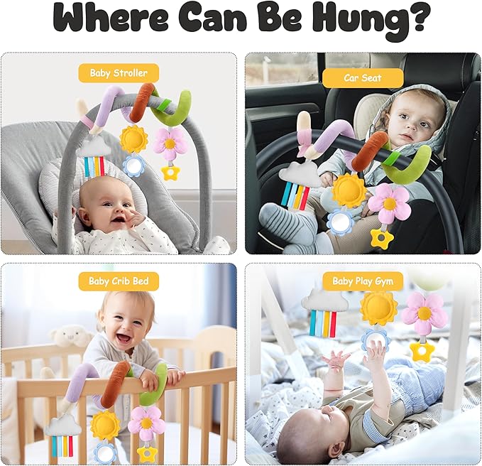 Stuffed Spiral Baby Car Seat Toys, Best Newborn Shower Gifts, Soft Infant Essentials Must Have Stroller Hanging Toys (Vibrant Nature)