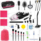 AUTODECO 39Pcs Car Cleaning Wash Kit Interior Detailing Cleaner Kit with High Power Handheld Vacuum, Brush Set, Windshield Tool, Duster, Towels, Tire Brush, Complete Car Care Tools, Pink