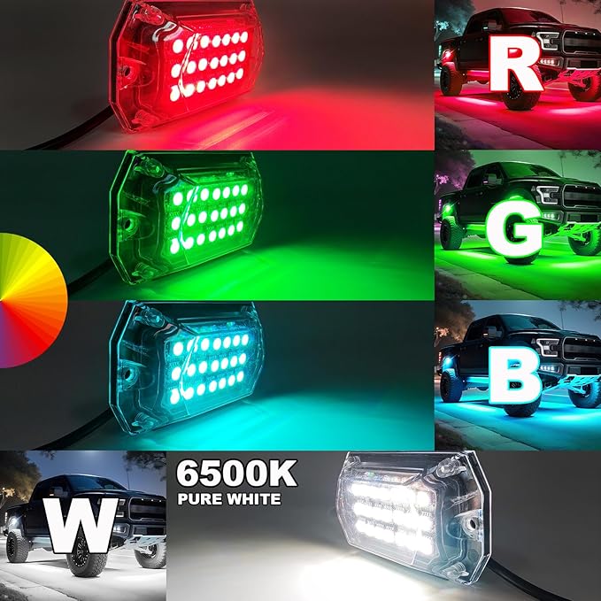 6 Pods Full Angle RGBW LED Rock Lights, 6500K Pure White and RGB Rock Light for UTV ATV Golf Cart RZR SXS Truck SUV Car Underbody, 12V Waterproof Neon Underglow Kit with APP/RF Control Sync Music