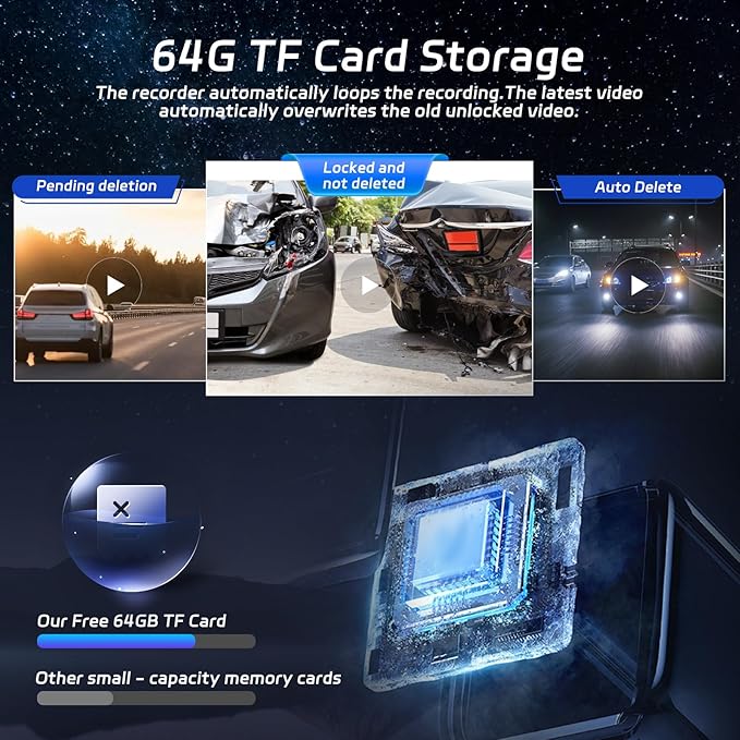 3 Channel Dash Cam Front and Rear, 1080P Dual Dashcam with 4 IR LEDs - 2 inch IPS Screen Front and Inside Dash Cam with G-Sensor, Wide Angle, Night Vision with 64GB Card Included