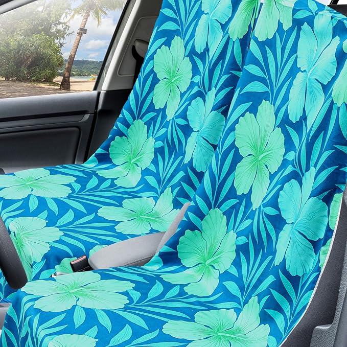 Hahafelt 2 Pack Car Seat Towel Covers with Storage Bag, 63 x 32 Inch Universal Non Slip Waterproof Sweat Protector for Car Truck, Gym Swimming Running, Machine Washable (Floral Hibiscus)
