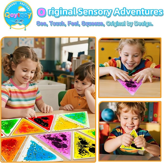 Squishy Liquid Sensory Gel Tiles 12 Packs - Triangle Liquid Sensory Toys for Sensory Play & Portable Fun, Washable Sensory Floor Tiles for Toddles 3+ Learning, Calming, Fidgeting